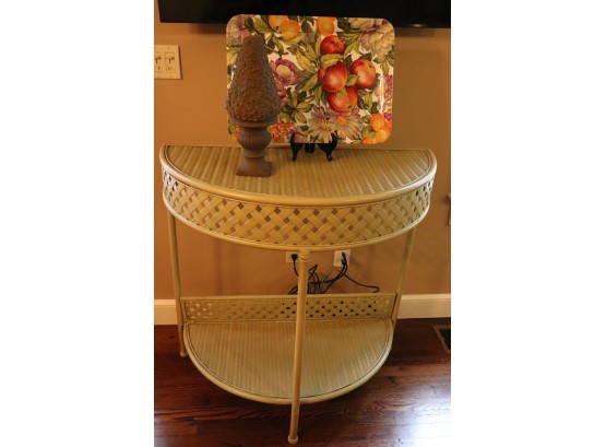 Avocado Colored Metal Demilune Accent Table With Cross Braid Detail Includes Floral Tray & Decor Piece