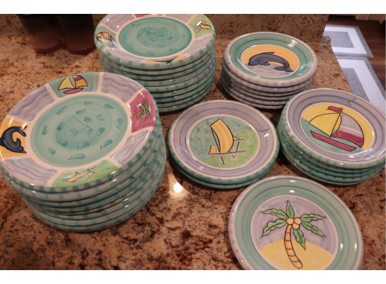 Fun Collection Of Plates Made By Bella Ceramic Includes Dolphins, Sailboats & Palm Trees