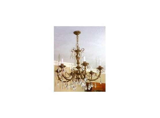 Scrolled  6 Arm Chandelier Brass Chandelier With Hanging Crystals