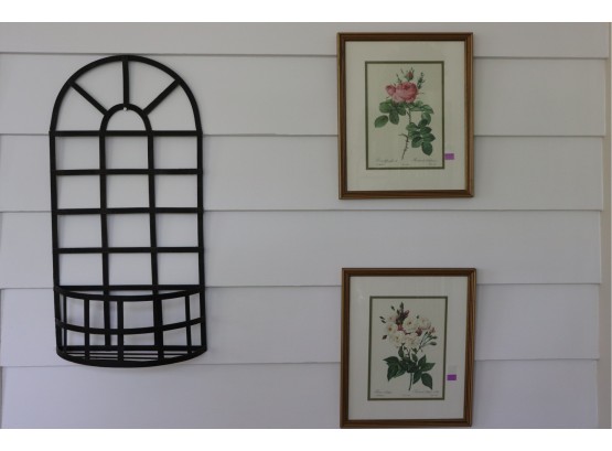 Decorative Framed Floral Prints In Matted Frames And Wall Window Basket