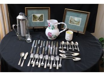 Tiffany & Co Floral Pitcher,  2 Framed Prints, Silverplate Flatware And Chromo Lithograph Of Scottland