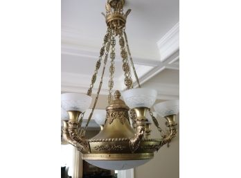Stunning Bronze Chandelier - Figural Facial Detail With 6 Arms/Center Dome Light & Beautiful Ceiling Plate