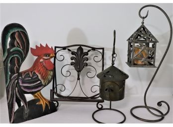 Painted Wood Rooster & Decorative Metal Candle Holders