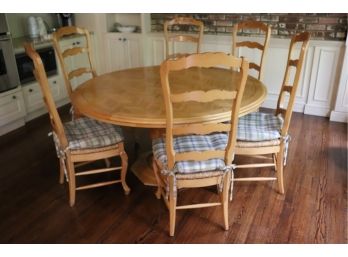 Country French Style Dining Table W/ Herringbone Pattern With 6 Tall Chairs With Carved Detail & Rush Seating