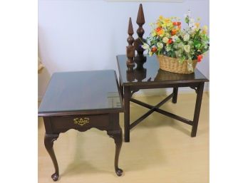Ethan Allen Side Table With Protective Glass Top & Side Table Decorative Floral Basket & Heavy Painted Brass