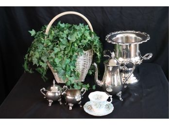 Decorative Plant In Basket With Beautiful Plated Tea Set With Milk And Sugar And Large Champagne Bucket