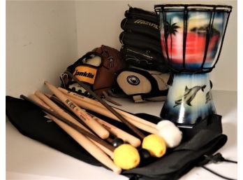 Collection Of Kids Size Baseball Mitts Includes Mizuno, Franklin, TPX, Dolphin Bongo Dr & Assorted Drumsticks