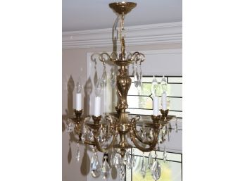 Gorgeous 5 Arm Brass Scrolled Chandelier With Hanging Crystals Includes Ceiling Plate