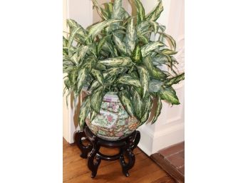 Floral/ Butterfly Asian Style Planter With Wood Pedestal And Faux Plant