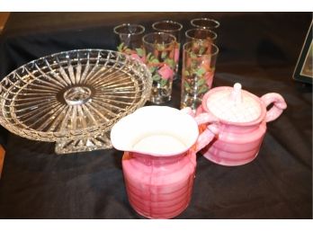 Crystal Cake Stand, Hand Painted Glasses With Cherries In & Primitive Artisan Pink Kettle & Pitcher