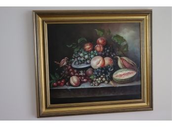 Beautiful Oil Still Life Painting Bountiful Fruits In Gold Frame