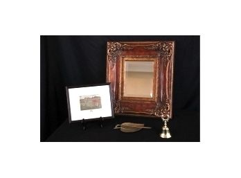 Beveled Mirror In Ornate Frame Plus Brass Leaf Tray, Baldwin Brass Bell And Golf Club Letter Opener