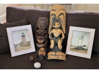 Carved Tribal Totem From Hawaii & Lighthouse Prints