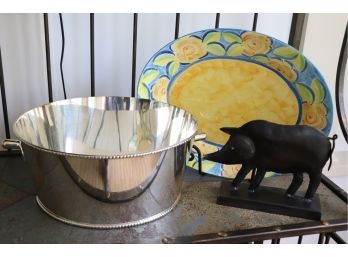 Fun Decorative Lot! Floral Serving Tray, Fun Metal Pig And Serving Bucket
