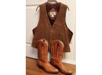 Boulet Cowboy Boots Quality Leather Size 11 & Continental Leather Fashions Leather Vest Size 48 Made In USA