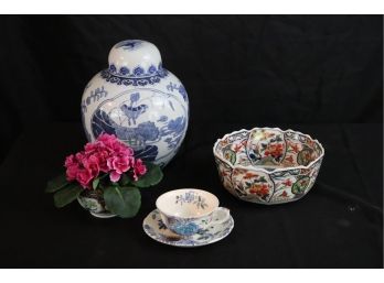 Beautiful Blue And White Asian Floral Urn With Lid And Takakashi Rose Medalion Bowl