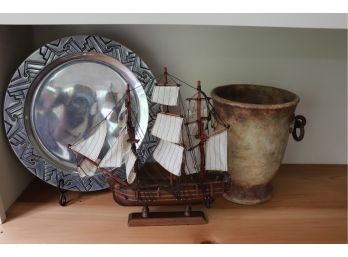 Decorative Sail Ship, Midwestern Style Metallic Charger Plate & Pottery Piece With Chain Handle