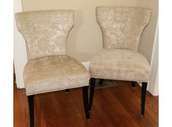 Pair- Wing Back Accent Chairs With A Beautiful Taupe Damask Fabric And Nail Head Detail