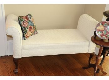Rolled Arm Bench With Beautiful Fabric, 2 Small Pedestals,  Bird Bowl With Mosaic Like Pattern