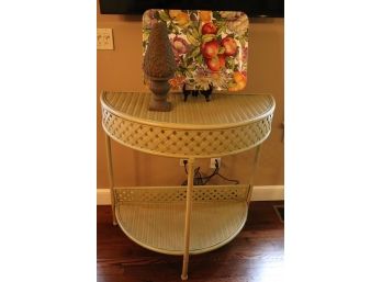 Avocado Colored Metal Demilune Accent Table With Cross Braid Detail Includes Floral Tray & Decor Piece
