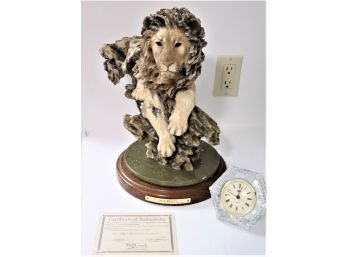 'Sovereign' 680/5500 Limited Edition Lion Statue With COA On Wood Base & Stauger Clock