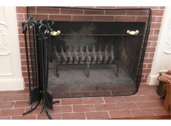 Large Fireplace Screen With Brass Finished Handlesand  Heavy Wrought Iron Fireplace Tools