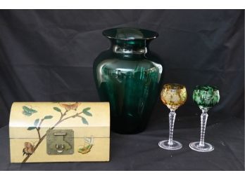 Beautiful Handmade Green Blenko Glass Vase, Laquered Box, 2 Beautiful Bohemian Glass Wine Glasses