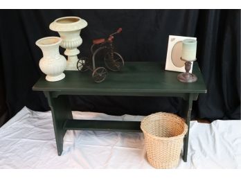 Cool Painted Green Farm Style Bench, Decorative Tricycle And Ceramic Vase