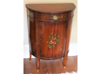 Small Antique Style Stenciled Demilune Side Table With Cabinet And Drawer