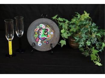 Blown  Glass Champagne Flutes, Artistically You Designs By Celeste Mitchell, Sm Painted Plate