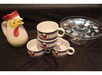 Collection Includes Rooster Pitcher Made In Italy, Floral Cake Stand & Set Of Soup Bowls By Houston Harvest