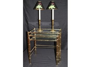 Set Of Metal Brass Finished Bamboo Style Nesting Tables With Glass Inserts
