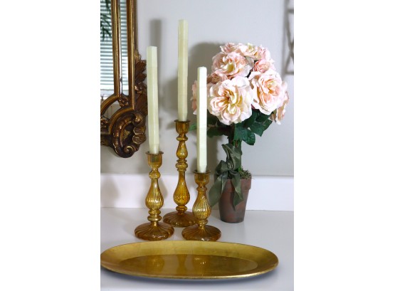 3 Tiered Hand Blown Glass Candlestick Holders, Silk Topiary & Gold Lacquered Tray