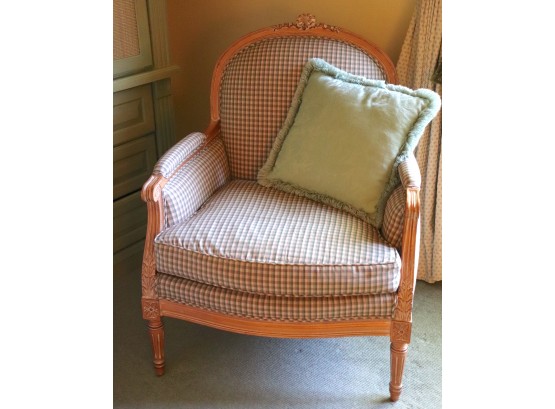 Vintage Custom Louis XVI Style Upholstered Lounge Chair With Carved Frame