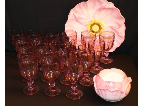 18 Rose Colored Water Goblets & Vintage Bombay Company Ceramic Platter & Bowl