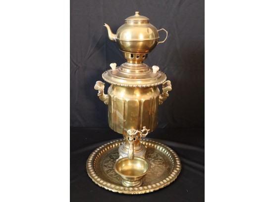 Brass Russian Samovar With Ornate Details, Cork Handles & Scalloped Embossed Tray