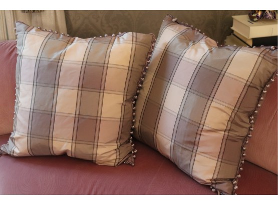 Pair Of Custom Silk Blend Gray & Lavender Throw Pillows With Pom Pom Trim
