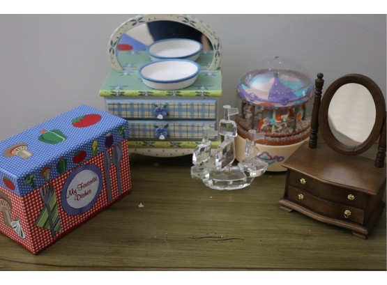 Crystal Sail Ship, Carousel Music Box & Assorted Trinket Boxes