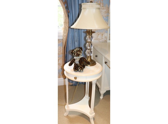 Painted Round Side Table With Ornate Table Lamp With Unique Teddy Bear
