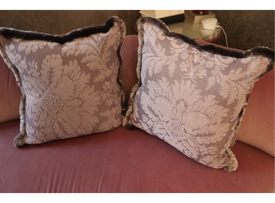 Pair Of Custom Damask Style Velvet Throw Pillows In Gray & Lavender