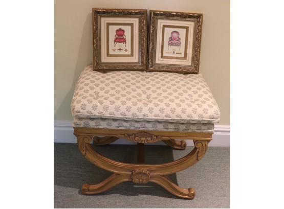 Custom Upholstered Vanity Stool With Carved Details & Pair Of Framed Chair Prints