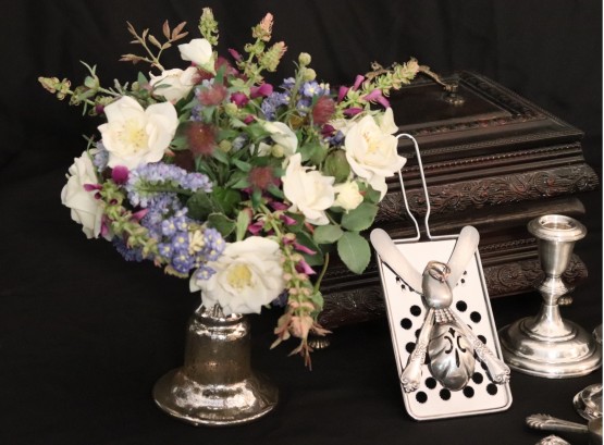 Silk Floral Arrangement In Mercury Glass Vase, Carved & Footed Trinket Chest & More