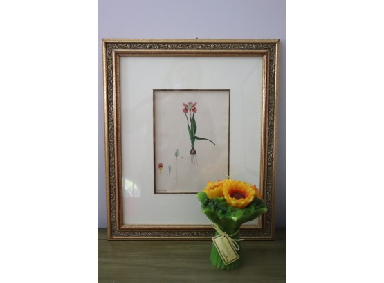 Gilded Ornate Framed Floral Print With Decorative Sunflower Wax Candle