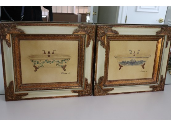 2 Vintage Ornate Wood Framed Bathtub Prints By Kamboa