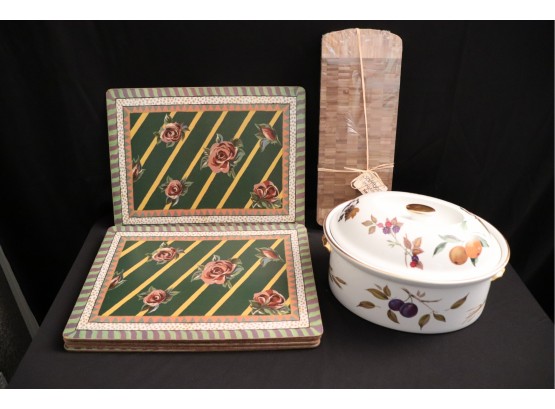 Bamboo Cutting Board, 8 MacKenzie-Childs Placemats & Royal Worcester Evesham Piece