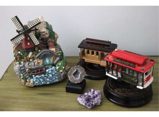 Assorted Trolley Car Music Boxes, Windmill Sculpture & 2 Geodes