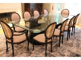 Exquisite Etched Glass Top Dining Table With 10 Black Lacquered Upholstered Chairs
