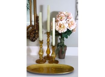 3 Tiered Hand Blown Glass Candlestick Holders, Silk Topiary & Gold Lacquered Tray
