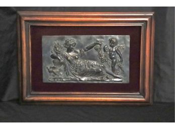 Decorative Grecian Style Bronze Plaque In Antiqued Wood Frame