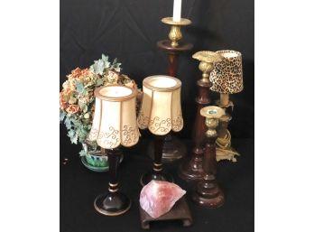 Brass Table Lamp, 3 Brass & Wood Tiered Candlesticks & More